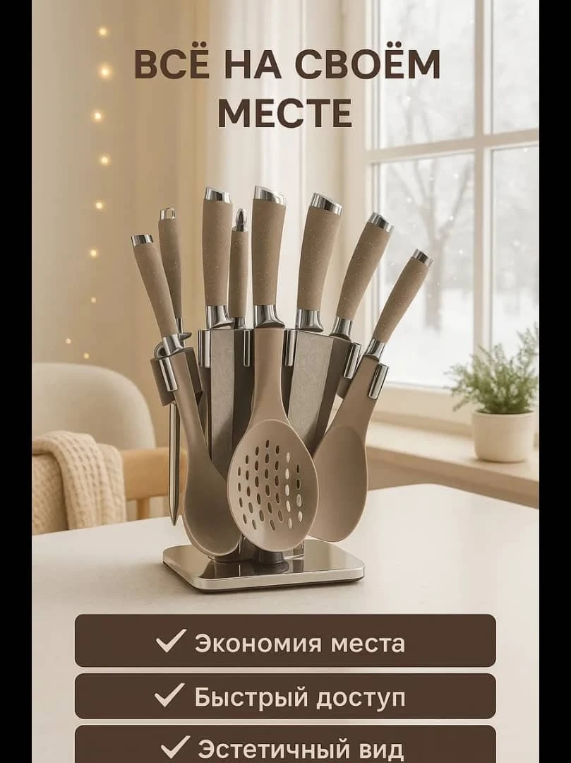Подарочный набор кухонных ножей и аксессуаров на подставке светло-коричневый