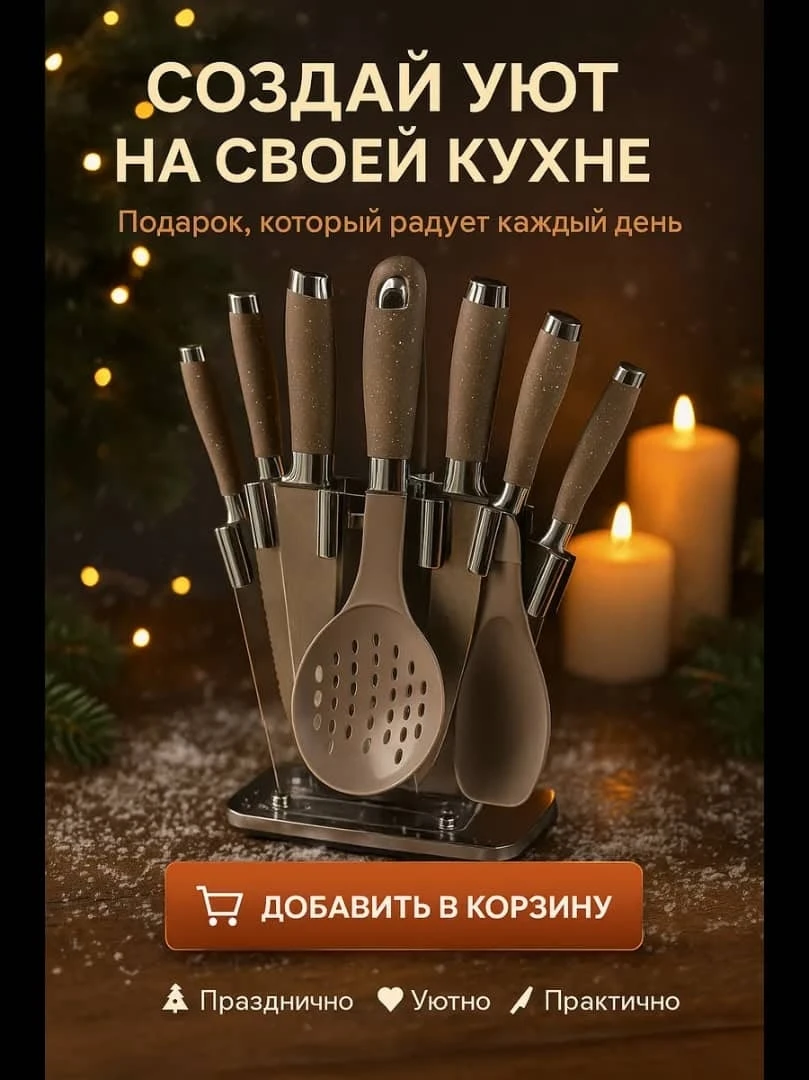 Подарочный набор кухонных ножей и аксессуаров на подставке светло-коричневый